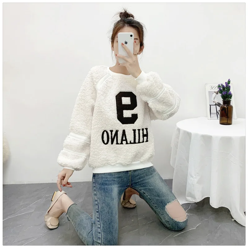 

Hot Styles Korean Loose Letters Wool Pullover Simple Atmosphere Padded Winter Tops A Variety of Colors To Choose From