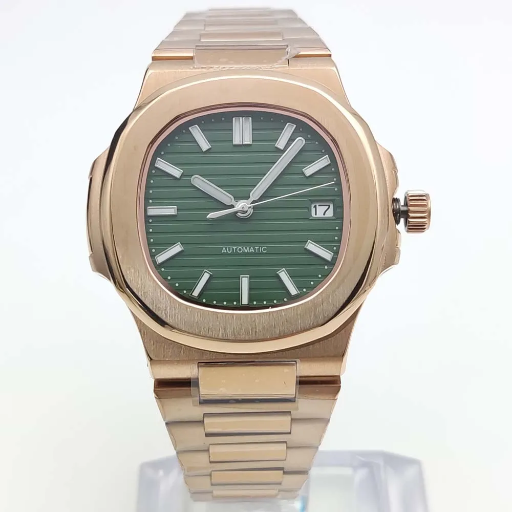 40MM Rose Gold Square Army Green Dial NH35 Movement Men's Sapphire Crystal Date Luminous Automatic Mechanical Watches for Men