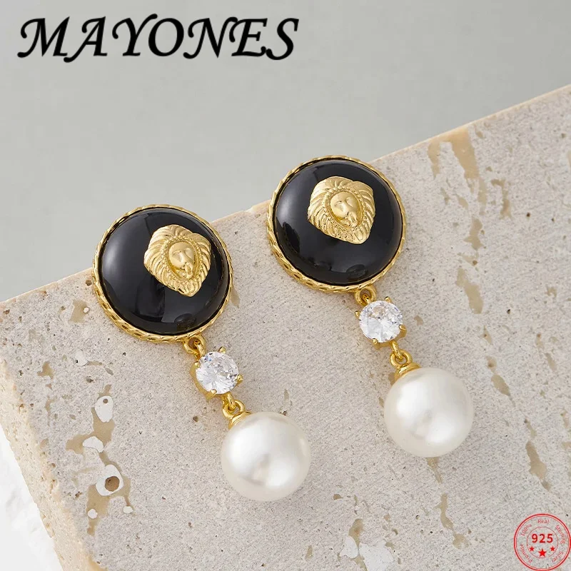 

S925 Sterling Silver Studs Earrings for Women New Fashion Contrast Colored Lion Head Agate Pearl Ear Studs Jewelry