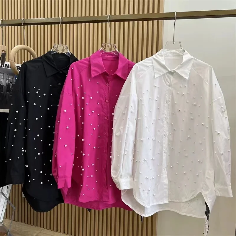 New In 2024 Autumn Mid-length Cotton Shirts Blouses For Women Beaded Long Sleeve Loose Casual Shirt Tops