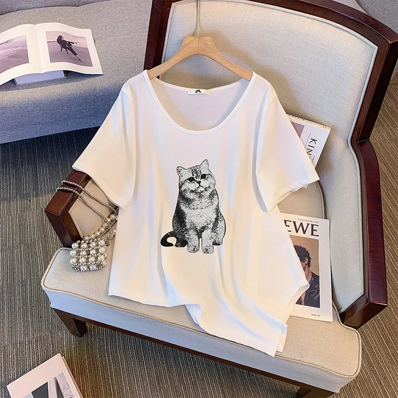 150Kg Plus Size Women's Bust 156 Summer Loose Retro Thin Short Sleeved T-Shirt Cat Print Top White Big 6XL 7XL 8XL 9XL 10XL