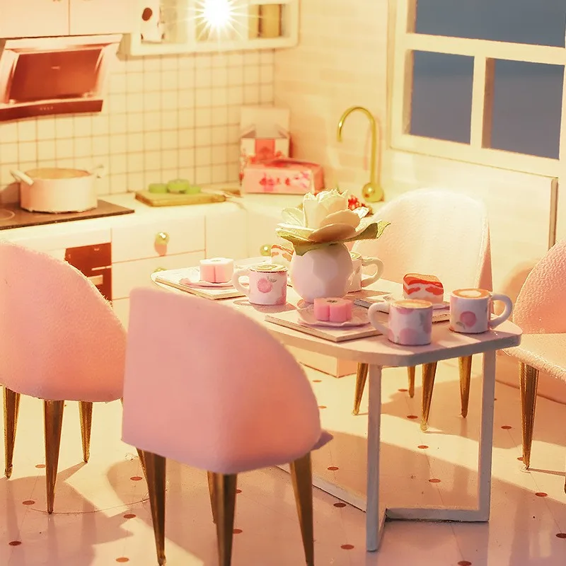 DIY منزل مصغر خشبي بيت الدمية الصغيرة دوبلكس شقة 3D لغز الجمعية بناء لعبة الديكور مع الأثاث دمية #2