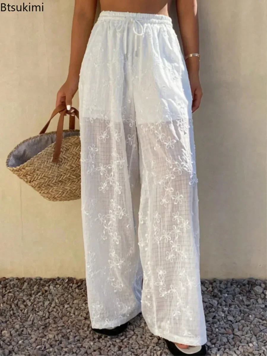 Women's Fashion Embroiderey Wide Leg Pants Elegant Flower See Through Elastic Waist Trousers Solid Beach Vacation Casual Pants