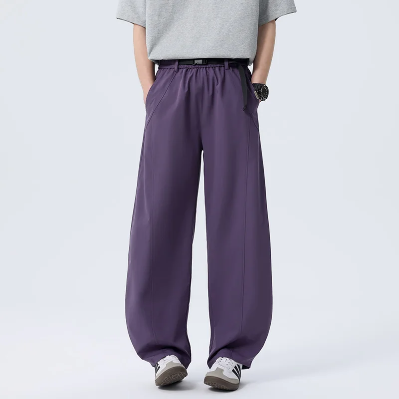Celana Baggy Pria 2025 Celana Kaki Lurus Kasual Pria Warna Solid Olahraga Jalanan Serbaguna Cepat Kering Sutra Es Retro Amerika