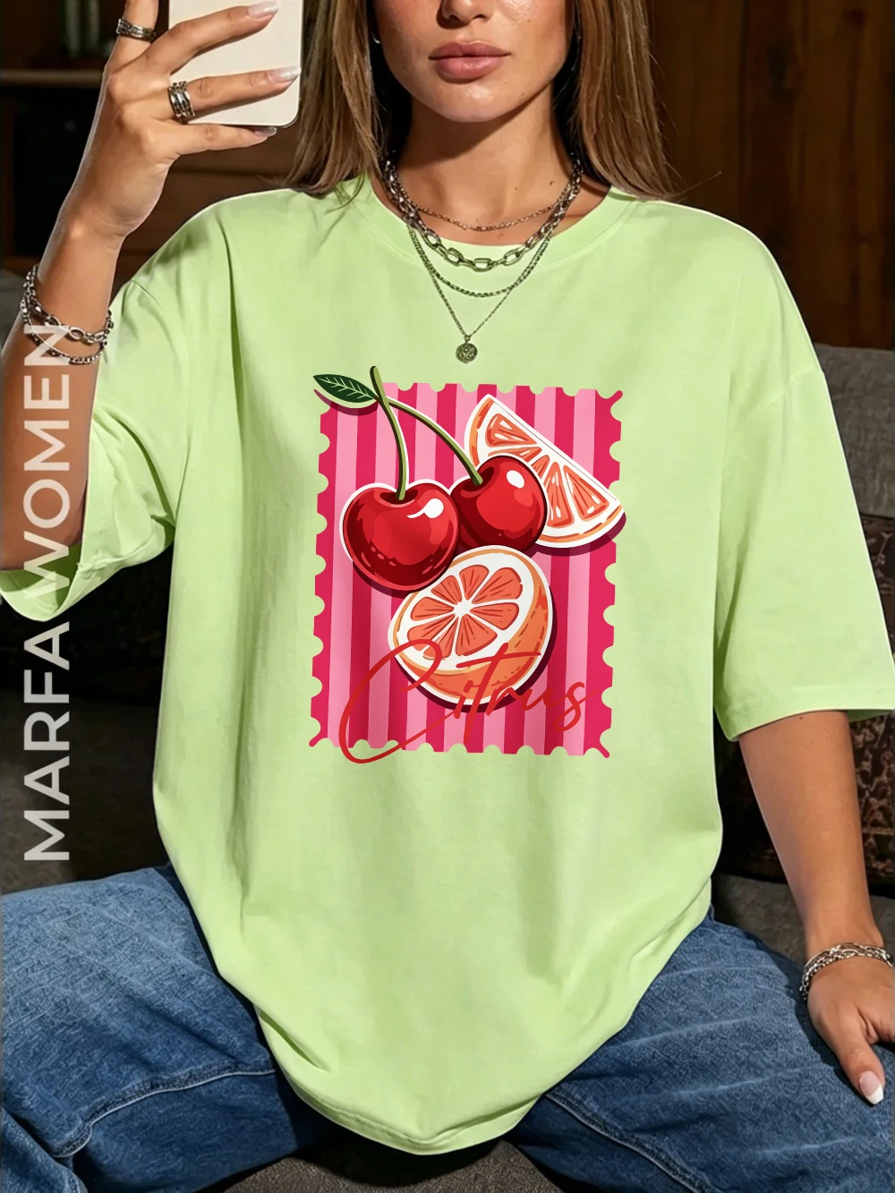 Rote Kirsch-Zitrus-Bedruckte T-Shirts aus Baumwolle für Damen, Sommerliche Oversize-Oberteile, Basic O-Neck Kurzarm-T-Shirts, Lässige Weiche Kleidung – Detail 17