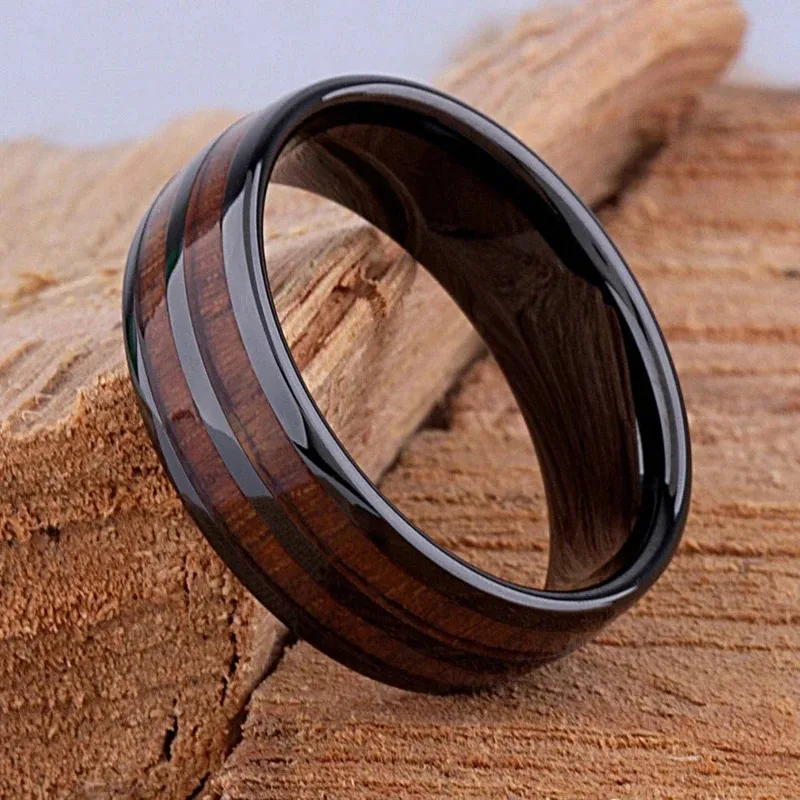 Bagues en bois Koa en acier au titane pour hommes et femmes, acier inoxydable poli breton, alliance, bijoux cadeaux, mode