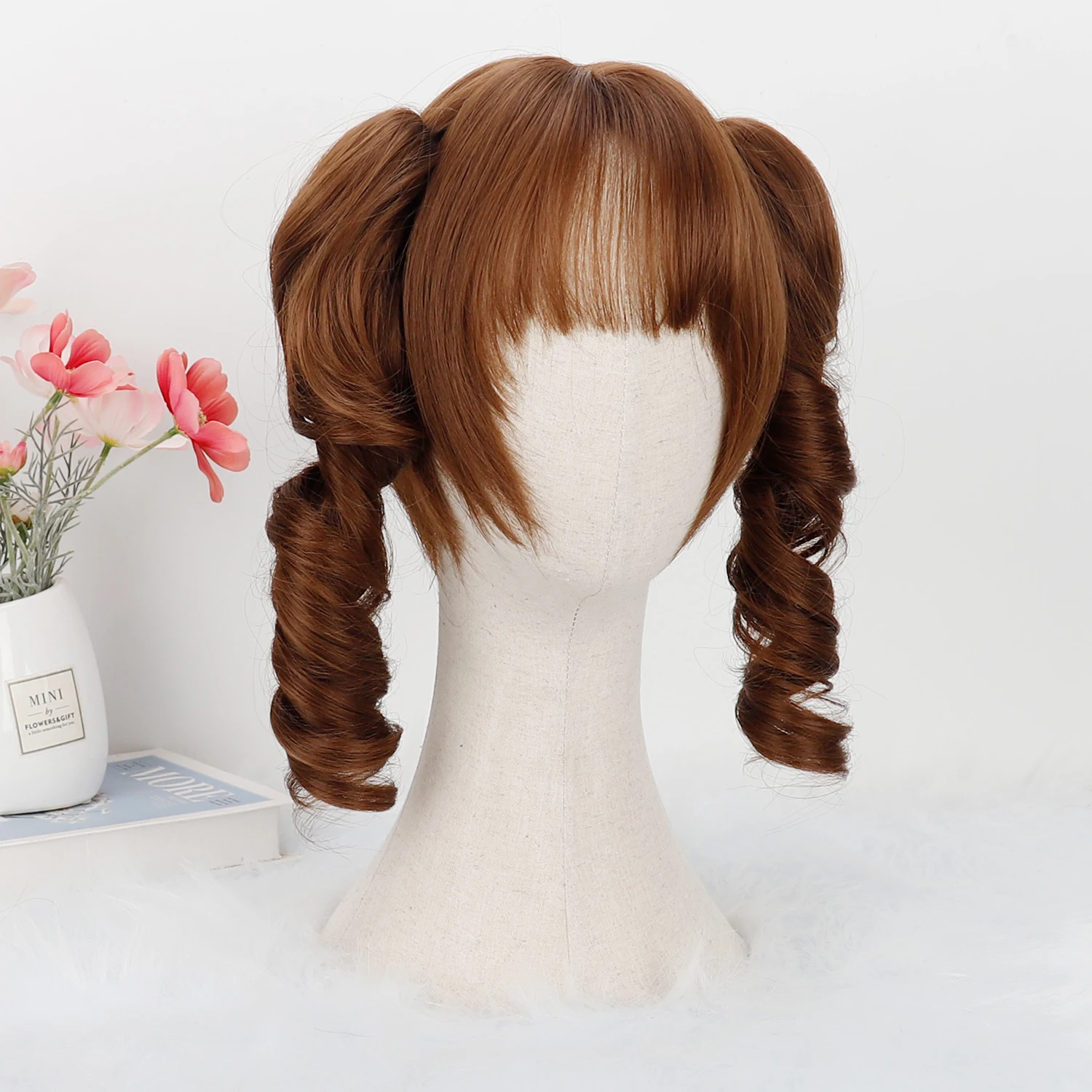 Lolita Wig With Detachable Claw Clip Curly Pigtails Synthetic Anime Cosplay Wig Rose Lace Breathable Cap For Girls Daily Party
