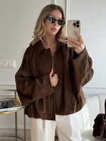 ZBZA Women's Suede Texture Oversized Bomber Jacket Coat Faux Suede Lapel Long Sleeves Bomber Jacket New Female Chic Streetwear