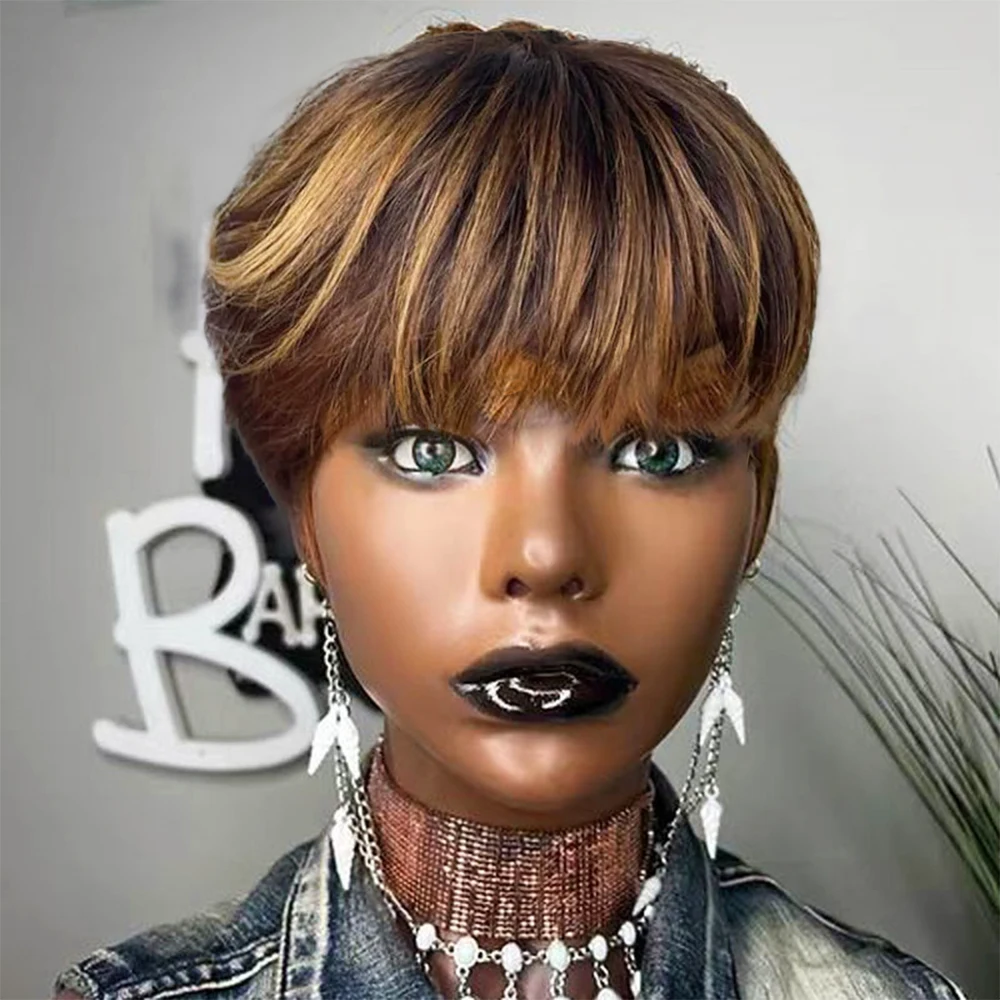 

Pixie Cut Wig With Bangs Brazilian Remy Short Human Hair Wig Blonde Highlight Full Machine Made Wigs