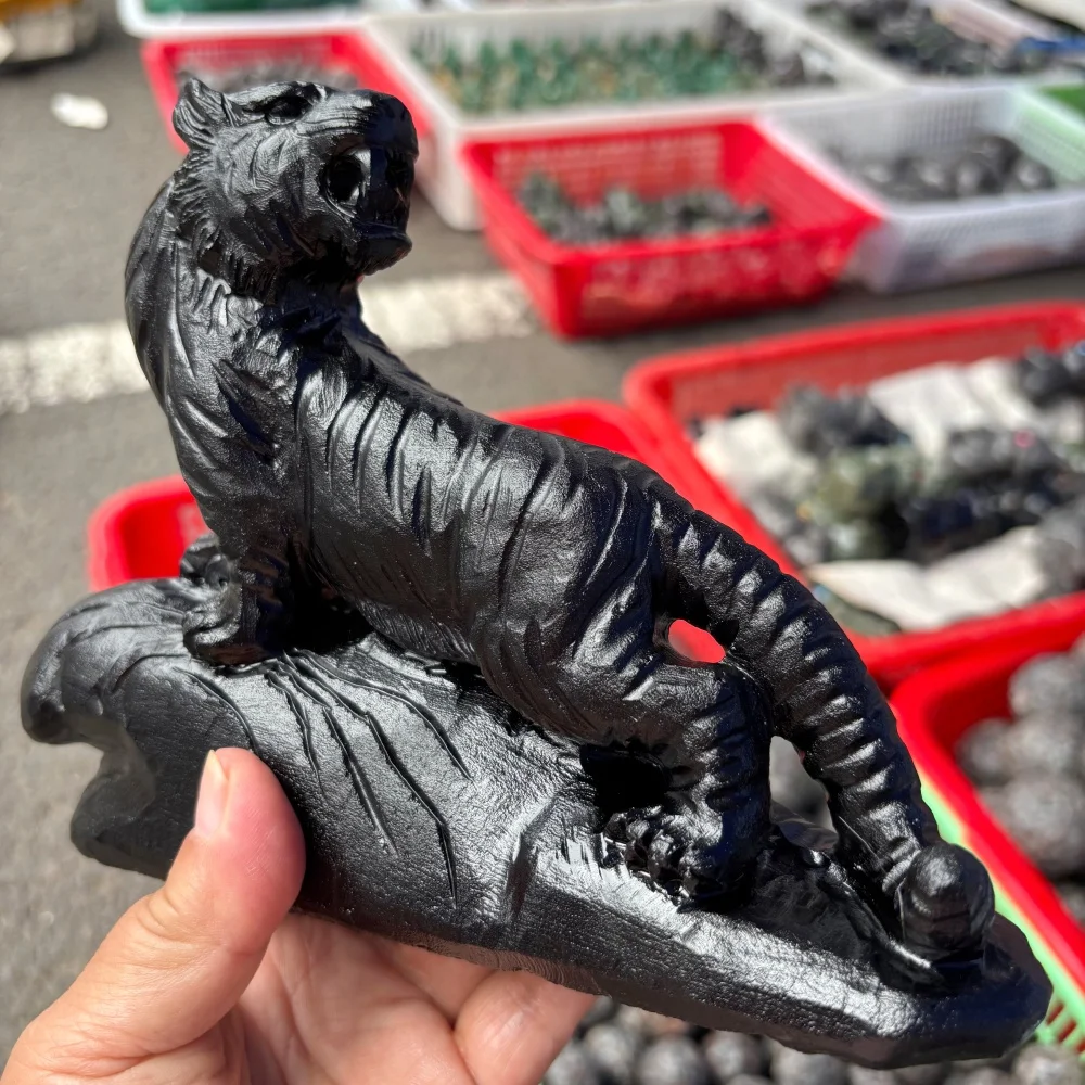 Black Obsidian Tiger Carving Reiki Healing Stone Polished Natural Quartz Feng Shui Energy Room Decor Customizable Manual Gift