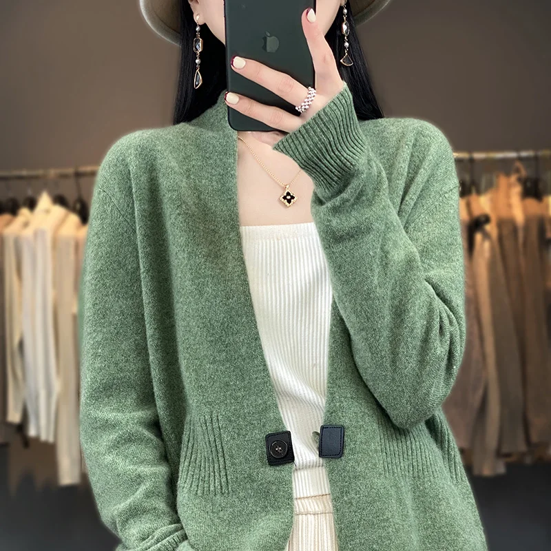 New cashmere sweater in autumn and winter women\'s V-neck cardigan 100% Merino wool knit top fashion Korean bottoming coat