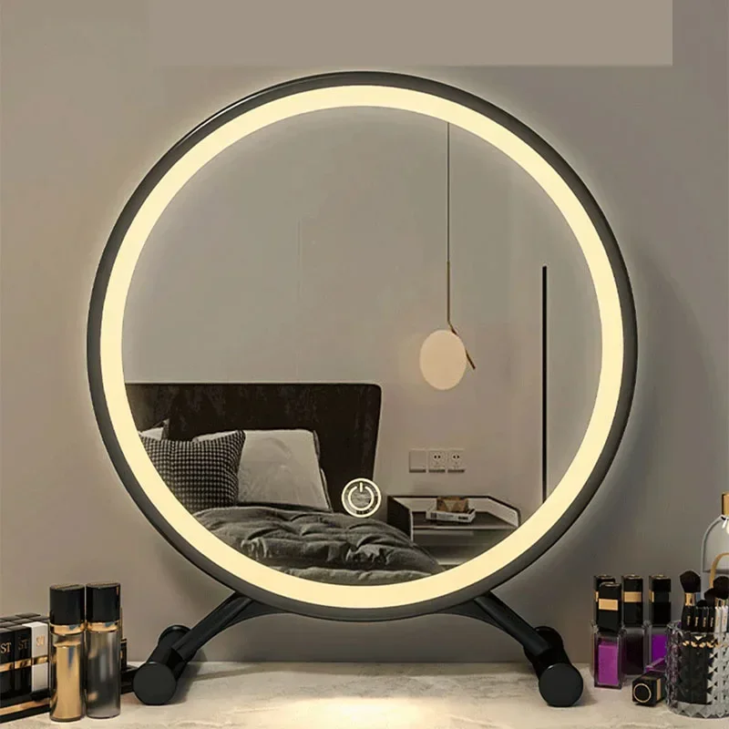 Stehend LED runden Spiegel Badezimmer Make-up Haus Make-up funky Waschtisch Spiegel koreanischen Raum flexible Espejos kreative Dekor