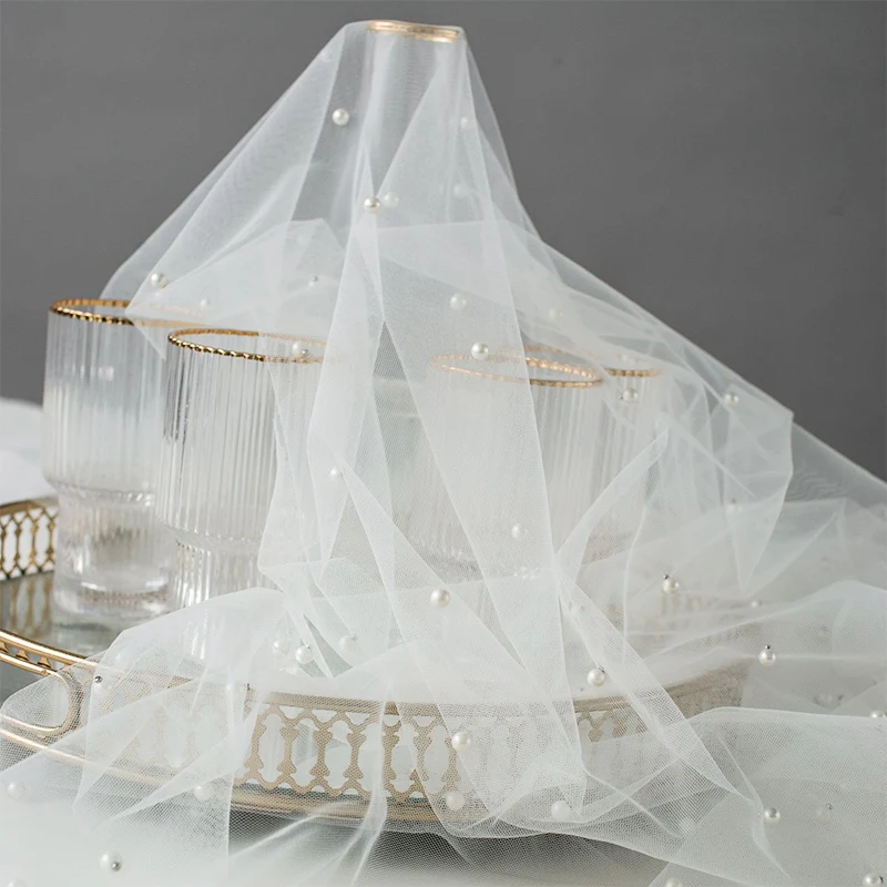 Wedding White Pearl Tulle Table Runner Wedding Arch Decoration for Bridal Shower Decor Soft Tulle Overlay Chiffon Lace Mesh