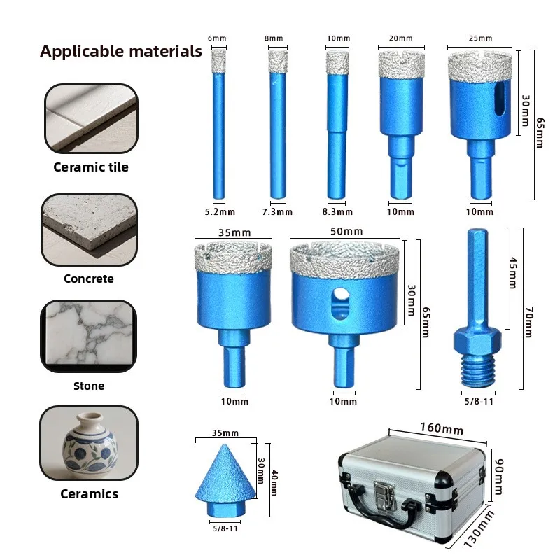 9-pc Cross-border Special Hexagonal Shank Aluminum Box Set Brazing Dry Drill All-ceramic Tile Granite Marble Hole Drill Bit
