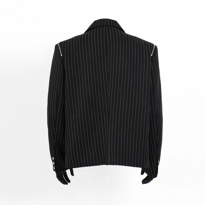 WVGA Spring Autumn New Man Vertical Striped Trendy Blazer Niche Chic Casual High-End Zipper Design Wide-Shoulder coat ins W21008