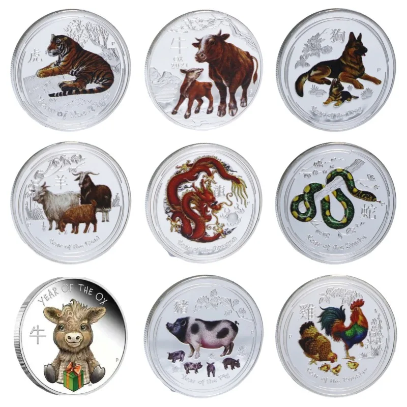 

13 Models Australia Zodiac Coin Chinese Year of The Tiger Dragon Silver Colorful Coin Painted Commemorative Coins Collection