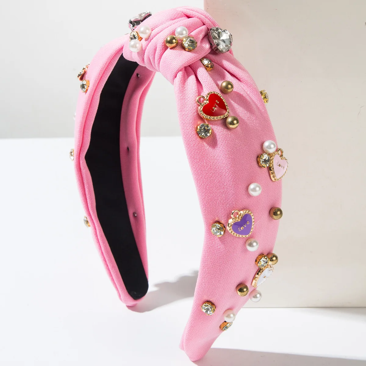New Women Knotted Headband Heart Enamel Charm Pearl Rhinestone Decor Wide Fabric Hair Hoop Valentine Party Hair Accessories view 3