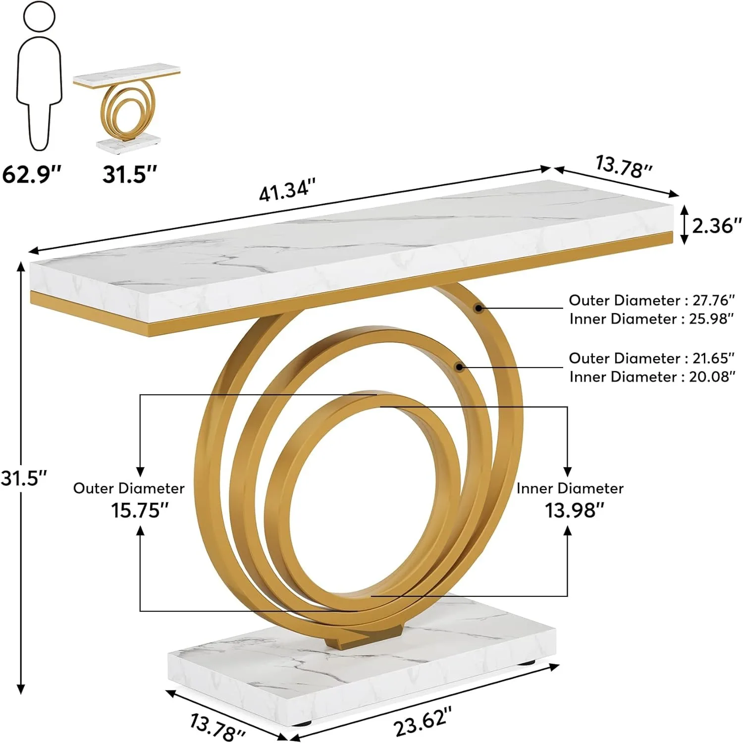 41-In Gold Entryway Table, Modern Console Table Narrow Long, Faux Marble Veener Top