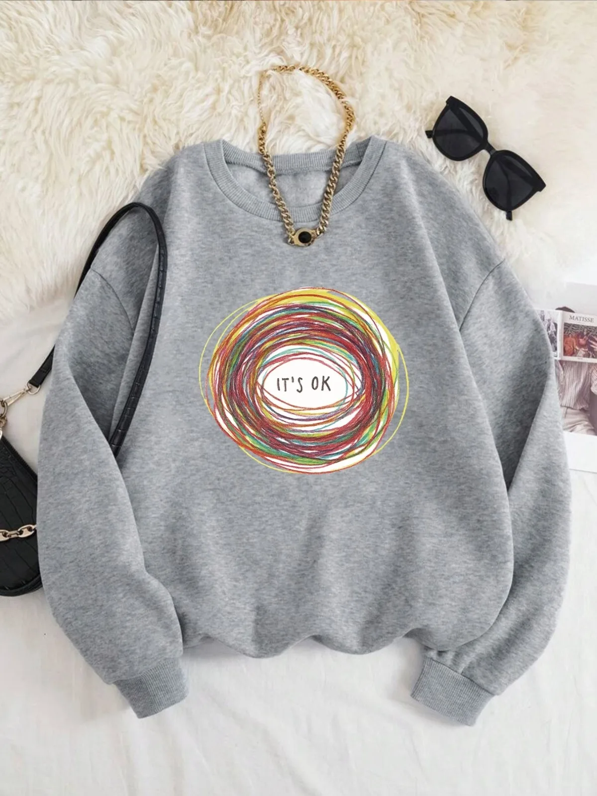 Women's Soft and Colorful Concentric Circle Printed Round Neck Hoodie Machine Washed Four Seasons Casual Wear Solo Fleece Hoodie