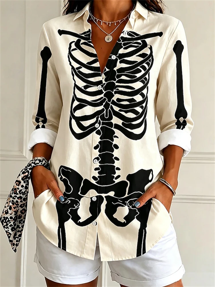 Camisa de manga larga para mujer, ideal para Halloween, con estampado de calavera, corte holgado, botones, estilo casual, para fiestas y eventos, perfecta para el otoño.