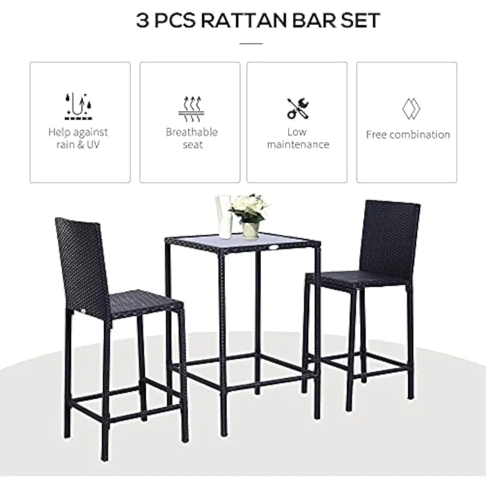 3pcs Rattan Bar Set with Glass Top Table, 2 Bar Stools for Outdoor, Patio, Garden, Poolside, Backyard