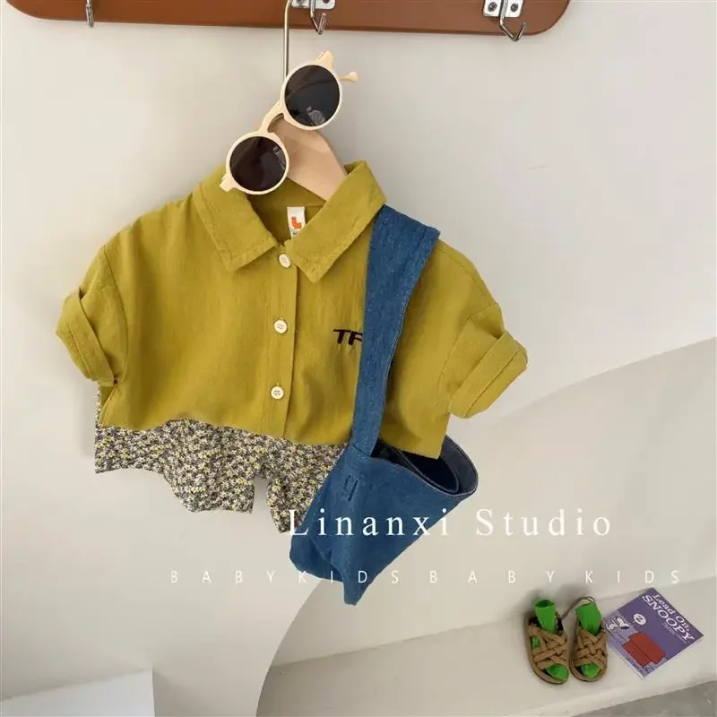 

Korea 2023 Summer Kid Boys Single-breasted Plaid Short-sleeved +Shorts Suit Children's Baby Shirt Set Outfit 100% Cotton 1-5 Yrs