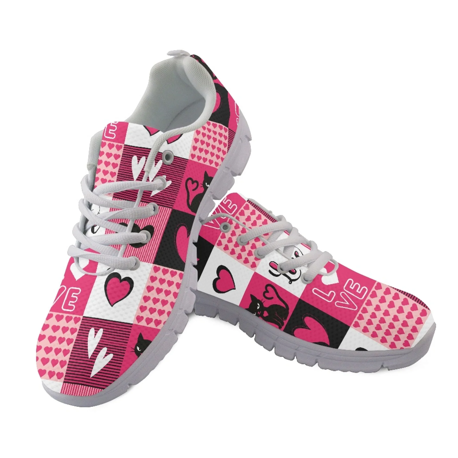 Coloranimal Cat Heart Love Patchwork Athletic Sport Shoes for Womens Mesh EVA Sole Womens Athletic Walking Sneakers for Travel