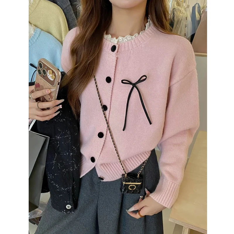 

New Korean Style Sweet Bow Tie Cardigan Sweater Knitted Jackets Women Loose O Neck Long Sleeve Spring and Autumn Coats Casual 20