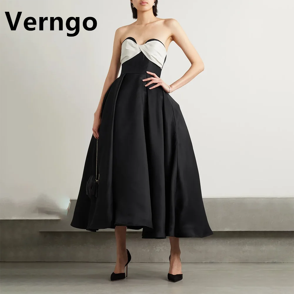 

Verngo Contrast Color Satin Evening Dress For Women Strapless Sleeveless Prom Gowns A Line Zipper Back Party Dress