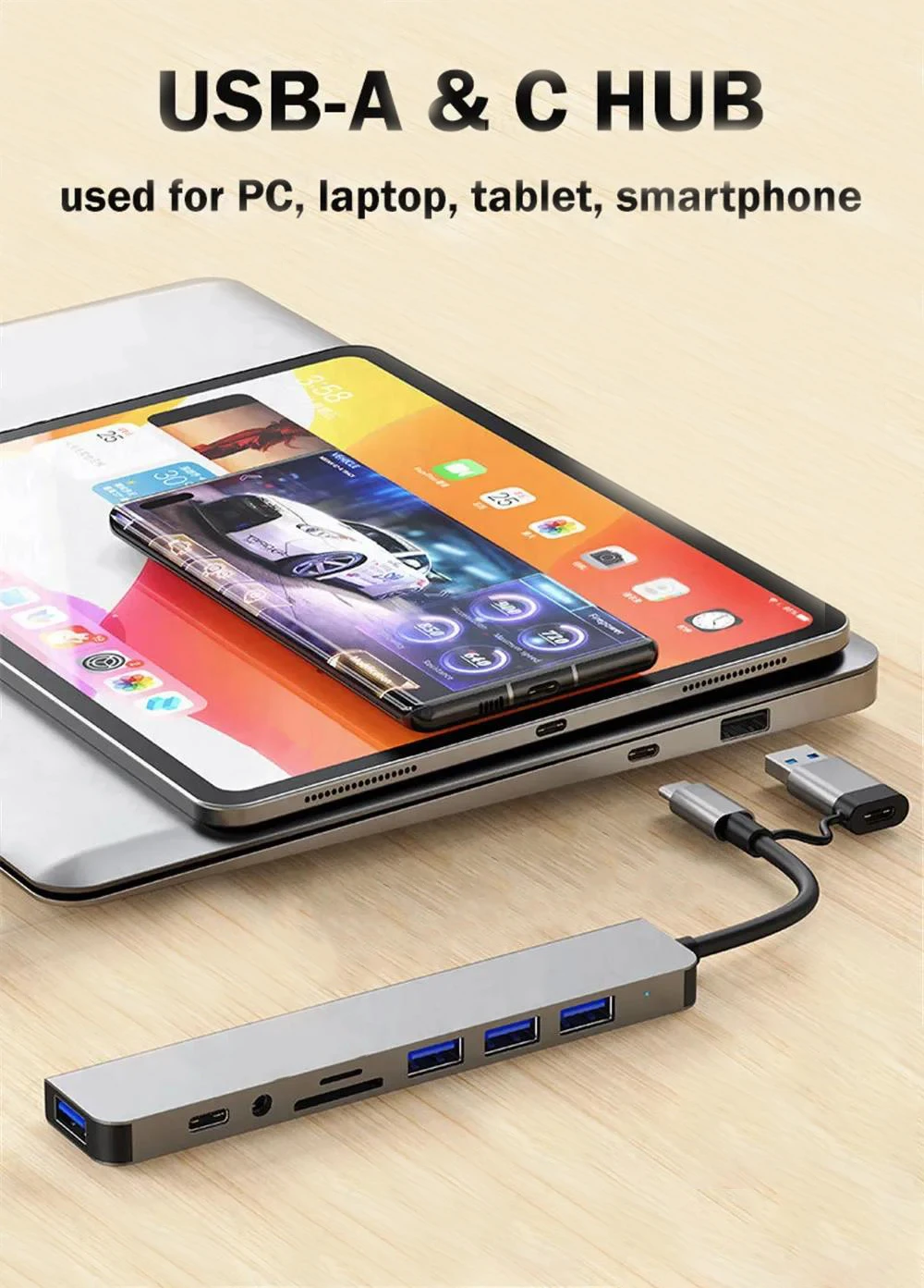8-in-1-USB-Expander-HUB-USB-Verteiler mit 2 USB 3.0-, 2 USB 2.0- und 1 USB-C-Anschlüssen, TF/SD-Karte, geeignet für Laptops, PC, MacBook – Detail 3