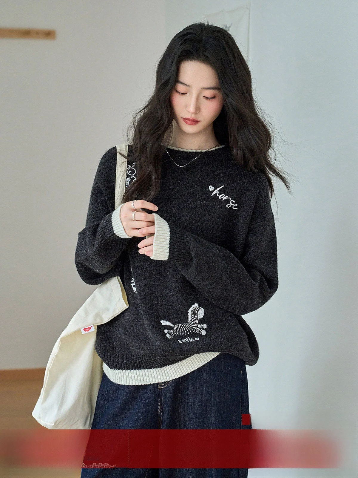 

Женский вязаный свитер MoZa: свободный крой, вышивка, комфортный, для повседневной носки, зимний топ