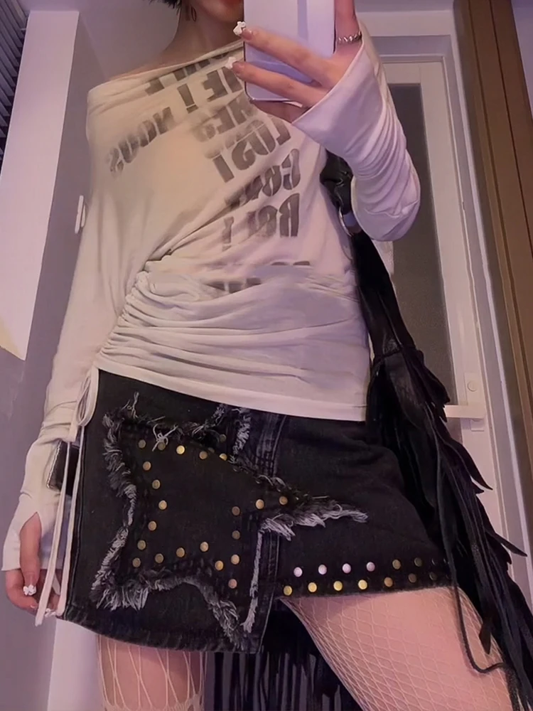 American style retro design sense star rivet splicing denim short skirt spicy girl subculture irregular trendy half skirt
