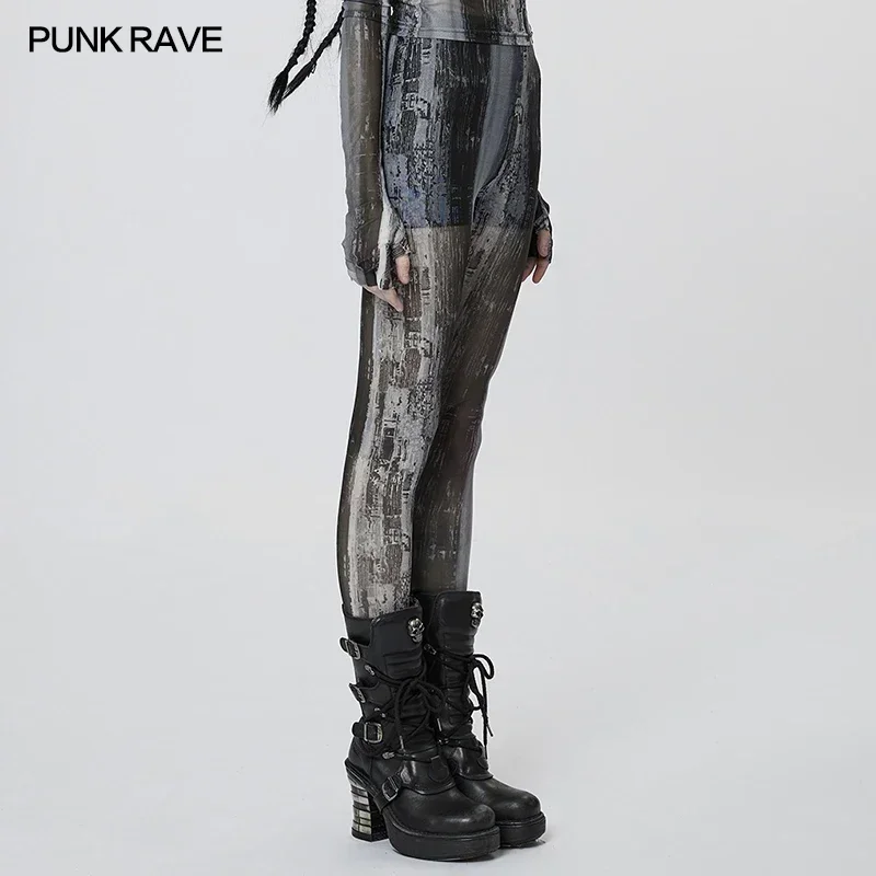 PUNK RAVE Women's The Post-apocalyptic Printing Techwear Tight Mesh Leggings Personality Trousers Women 2 Colors