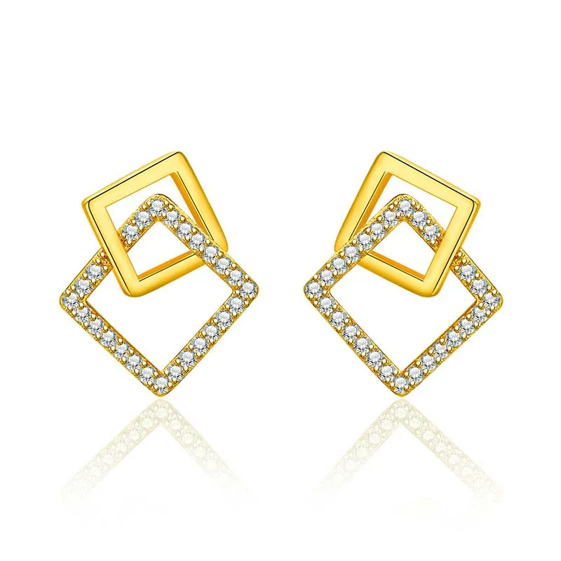 Korean Geometric Double Layers Rhombus Earrings for Women Gold Color Crystal Temperament Earring 2024 Fashion Jewelry Gift