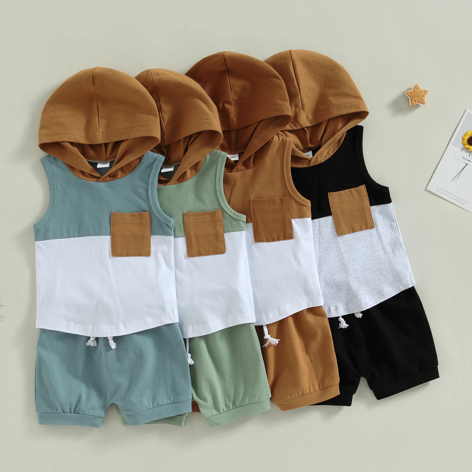 

Infant Boys Summer Clothes Outfits Contrast Color Hooded Sleeveless Pocket Tank Tops Solid Color Shorts casual Boys 2Pcs Suit