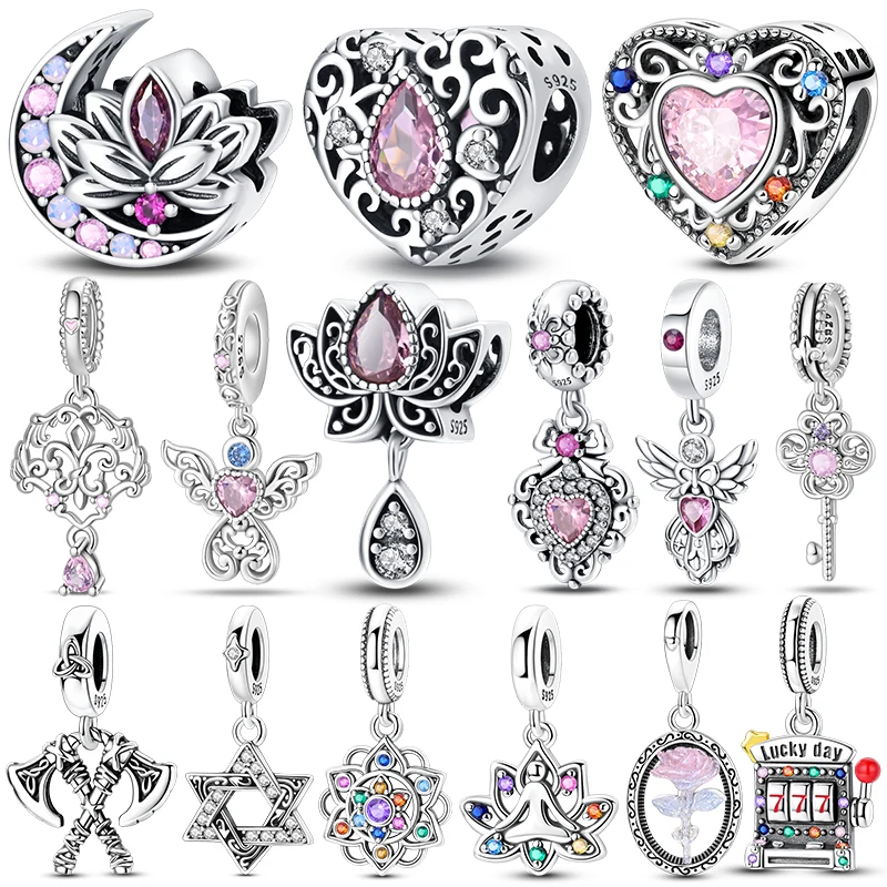 Hot Sale Lotus Heart Charm Beads Angel Key Moon Pendant Charms Fits 3mm Bracelets Necklace For Women Luxury DIY Jewelry Making