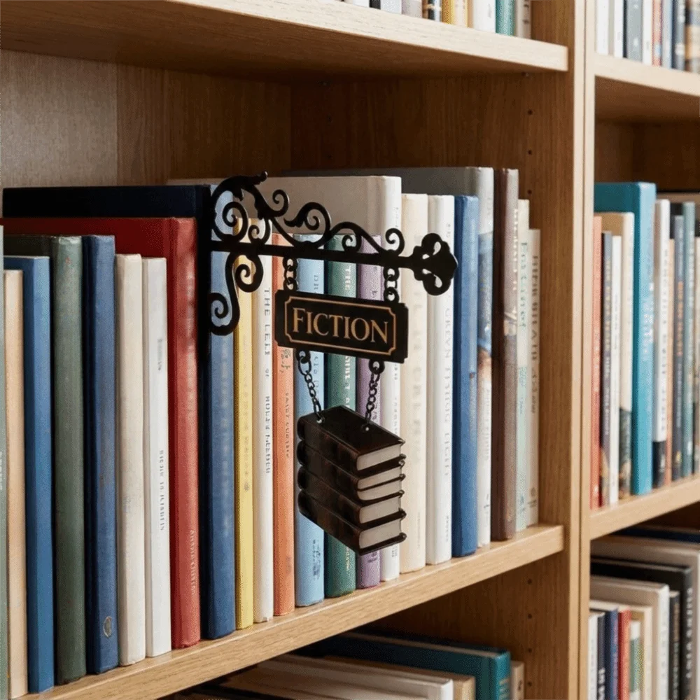Creative Metal Book Divider Decorative Lightweight Bookend Hanging Plaque Book Pattern Library Wall Bookshelf Book Shelf