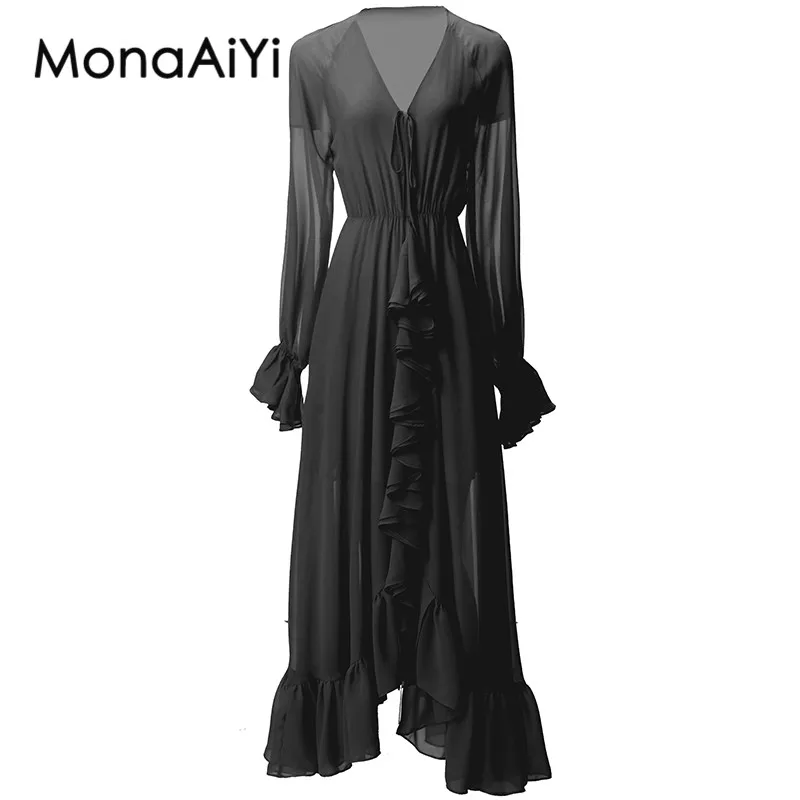 MonaAiYi 2023 New Fashion Runway Designer Women's V-neck Tie Puff Sleeve Ruffle Edge Self-Cultivation Black Dress