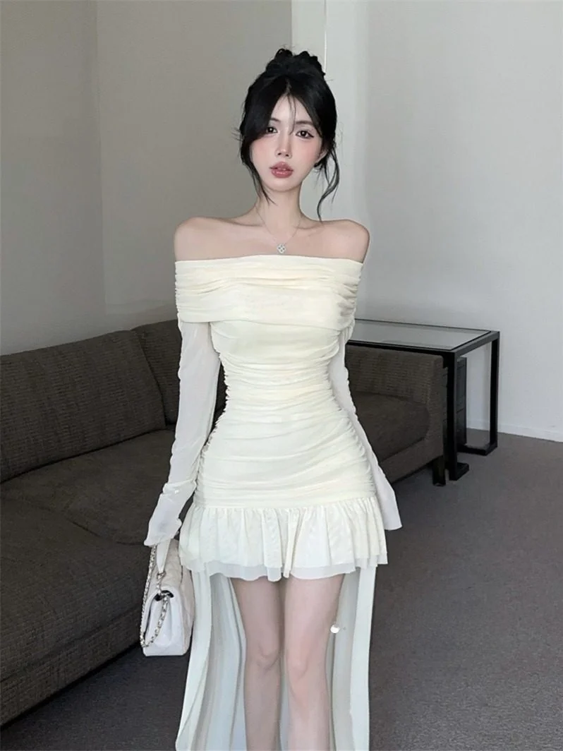 

Sexy Long Sve One oulder Dr Women's Tight Me Splice Slim Fit Waist Cinch Pleated Bodycon Long Dr Net ter Gown