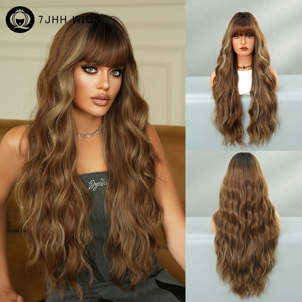 7JHH WIGS Lange Wasserwellen-Braunperücke für Frauen Modische Synthetik-Perücke zum Aufsetzen mit Goldenen Highlights und Dunklen Wurzeln