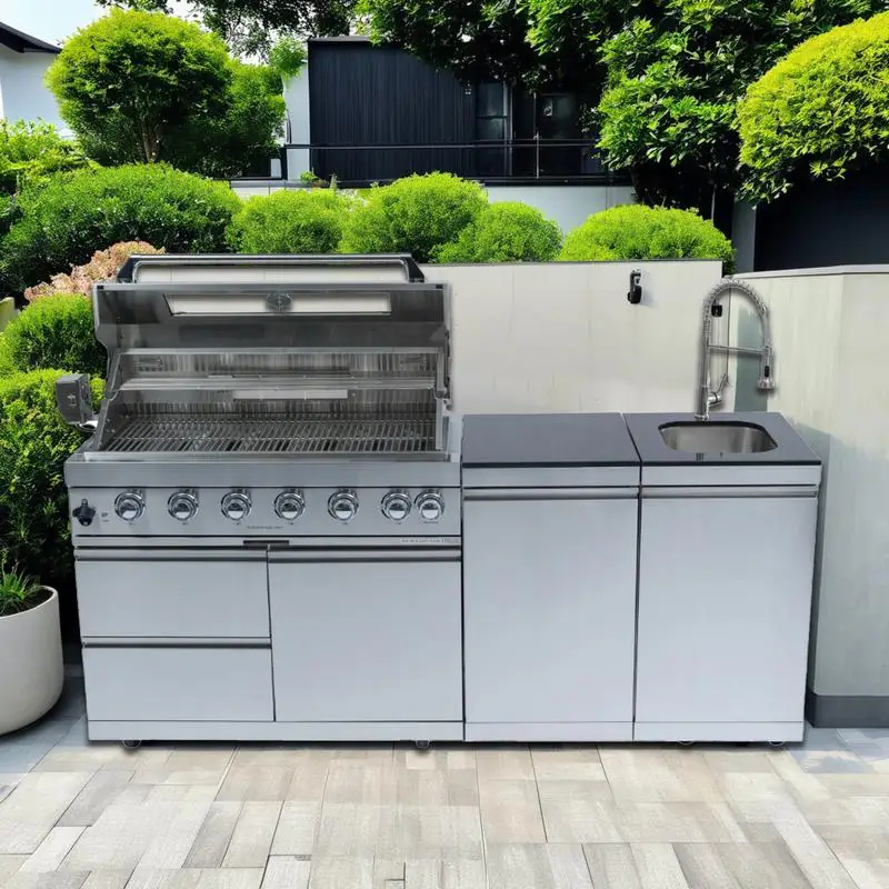 43インチ 6バーナー 85000BTU デラックス ステンレス製 ガスBBQグリル 屋外キッチンアイランド ロティサリー付き、花崗岩カウンタートップ