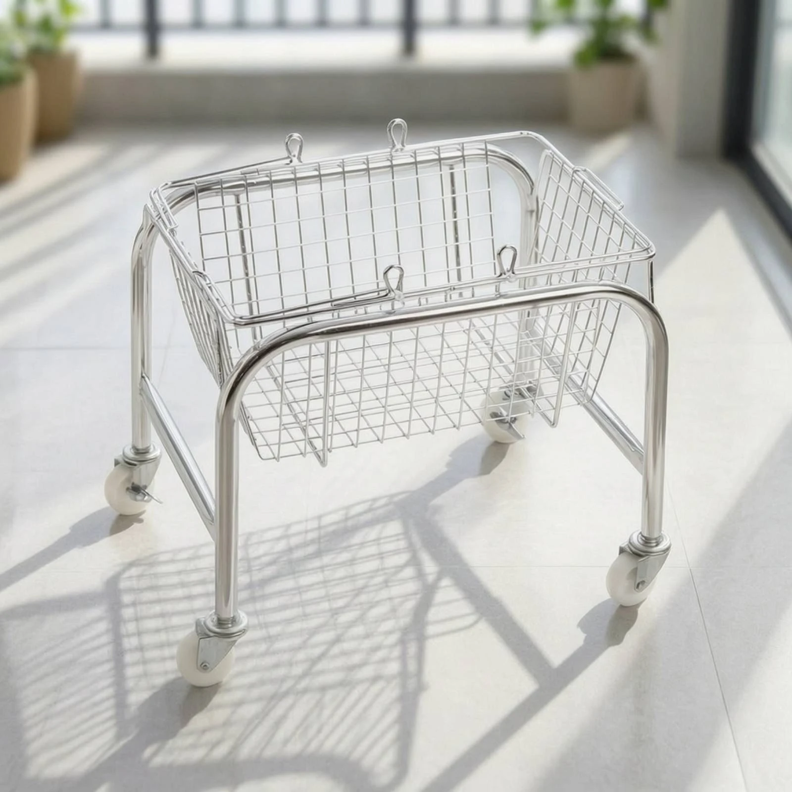 Wire Storage Basket with Wheels Multi-Tier Metal Wire Utility Cart Rolling Organizer with Hooks Heavy-Duty Trolley Easy to Clean