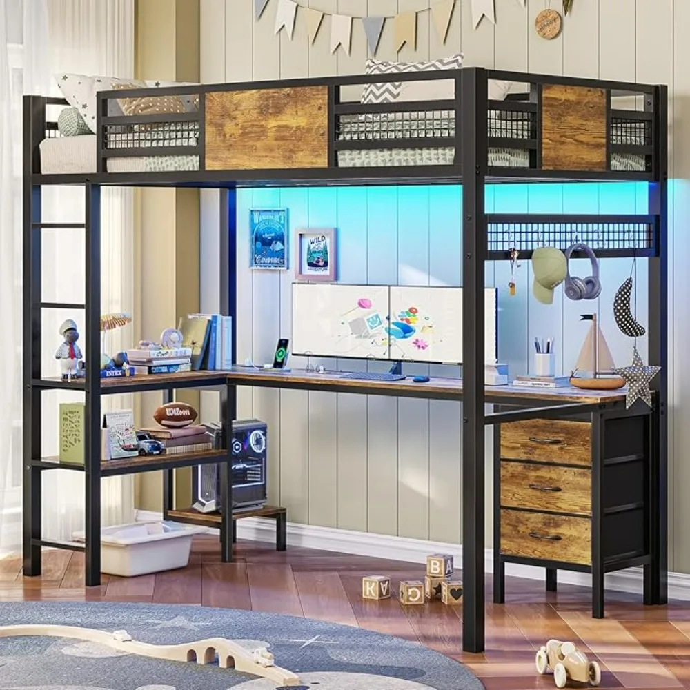 

Loft Bed Twin Size, L-Shaped Desk Charging Station and LED Lights, 3-Tier Bookshelf and 3 Drawers, Clothes Rail, Twin Loft Beds