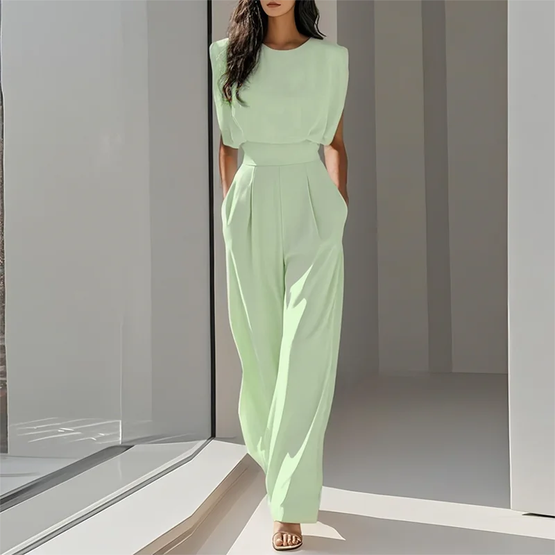 Women's Clothing Trend 2025 Spring O Neck Solid Slim Jumpsuit Elegant High Waist Pocket Office Romper Summer Sleeveless Overalls - Image 5