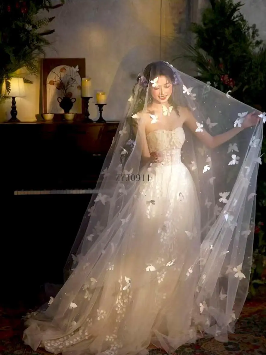 Свадебное белое трехмерное вуаль-бабочка, основное свадебное платье, тяжелая промышленность, жемчужная роскошная мягкая пряжа большого размера со шлейфом