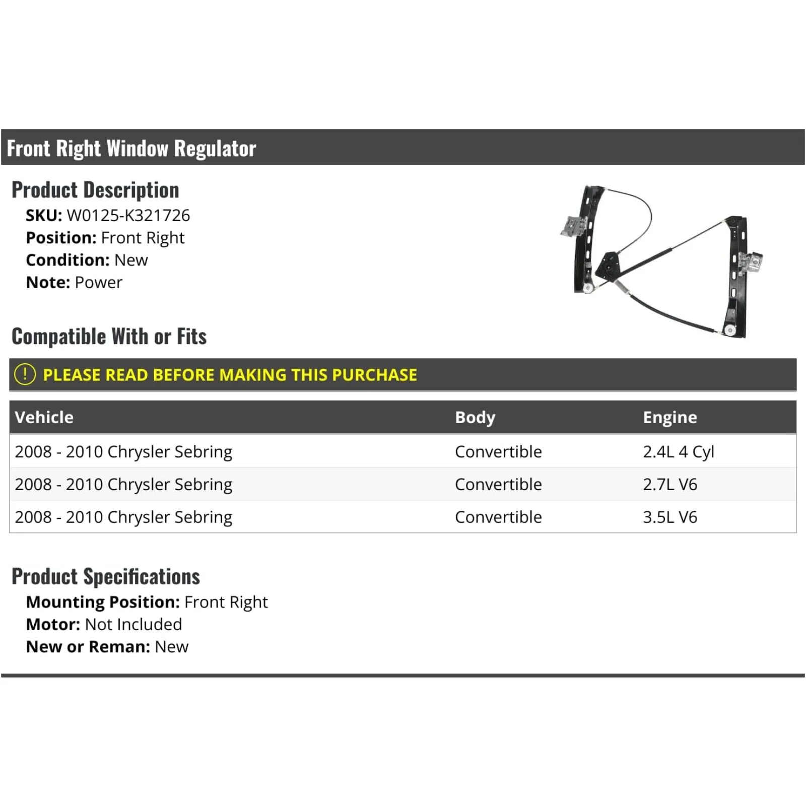 US  Front Right Passenger Side Power Window Regulator - Compatible with 2008-2010 Chrysler Sebring Convertible