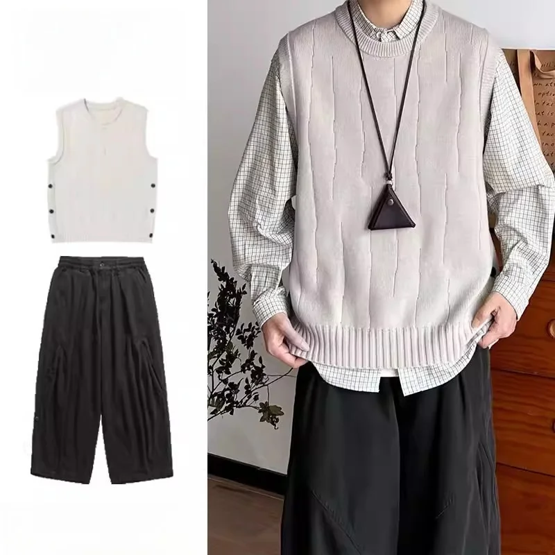 

Простой свитер, жилет, комплект из двух предметов для студентов, нейтральный жилет с подплечниками, японский ретро осенне-зимний наряд, полиэстер...