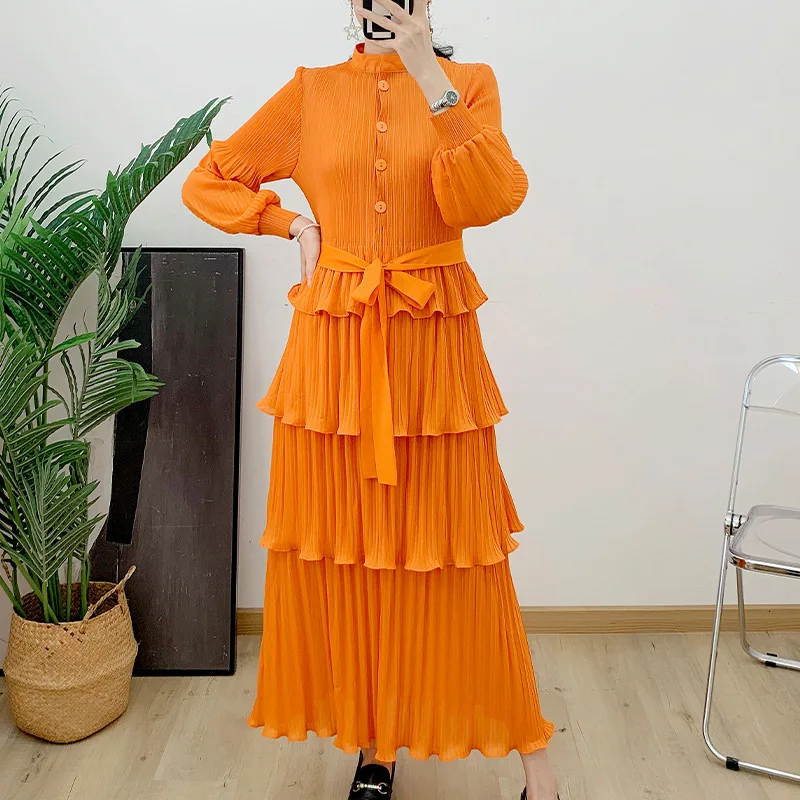 

Miyake Pleated Wooden Ear Lace-up Dress Female Spring New 2024 Ladies Fashionable Dress Temperament Joker Slim Dress Clothing.