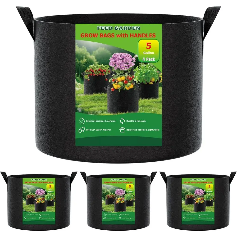

5 Gallon Grow Bags 4 Pack – 300G Non-Woven Thickened Fabric Plant Pots with Reinforced Handles, Breathable Drainage Planters for