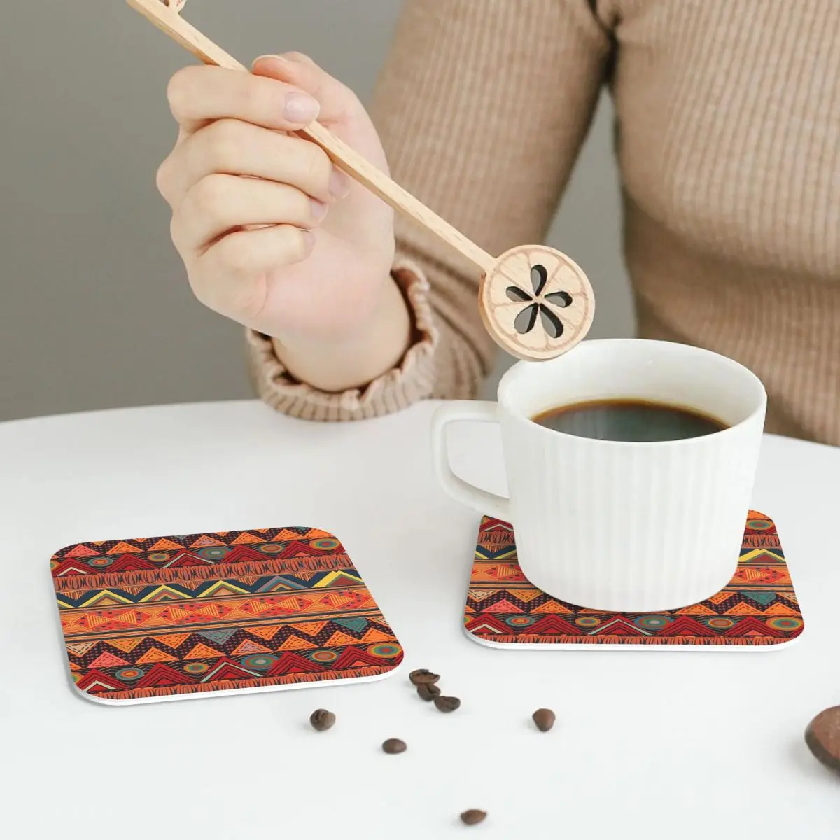 Tribal Ethnic (earth Colors) Coasters PVC Leather Placemats Non-slip Coffee Mats for Home Kitchen Dining Pads Set of 6